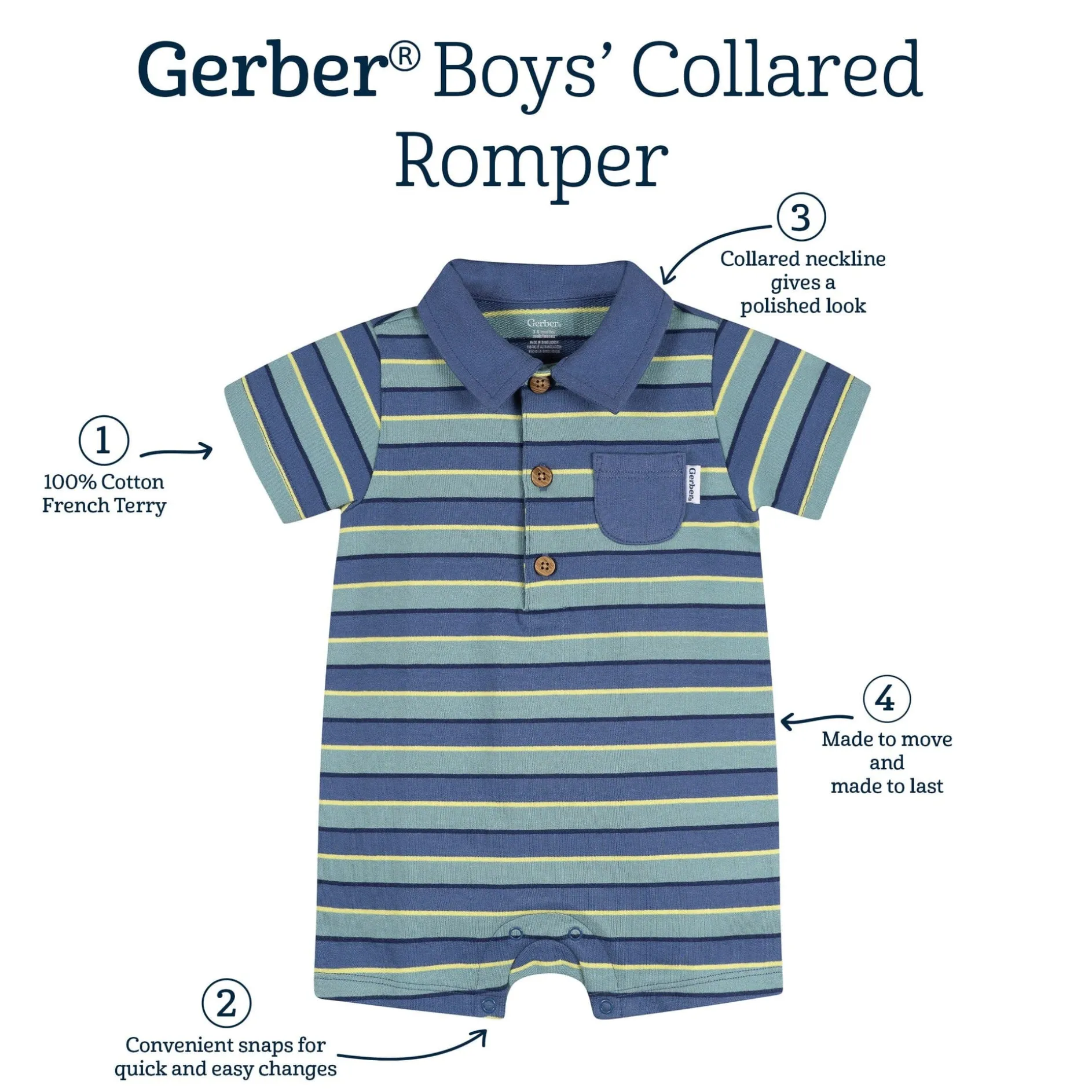 Baby Boys Blue & Green Stripe Collared Romper