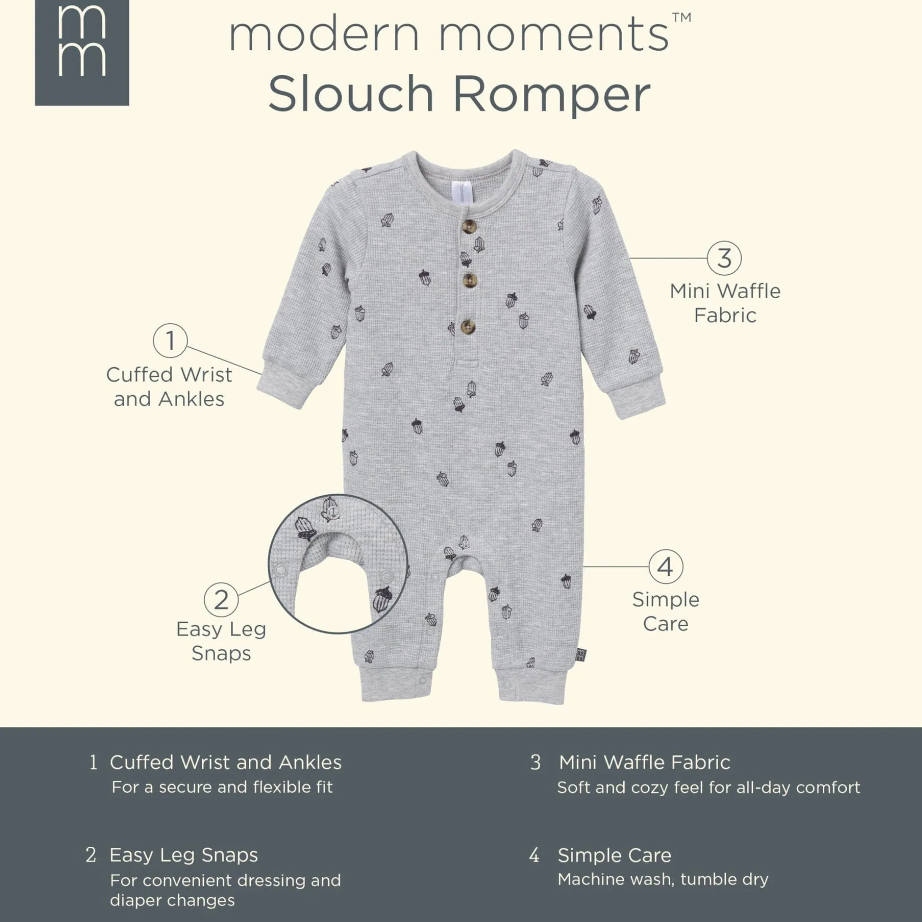 Baby Boys Grey Heather Acorn Slouch Romper