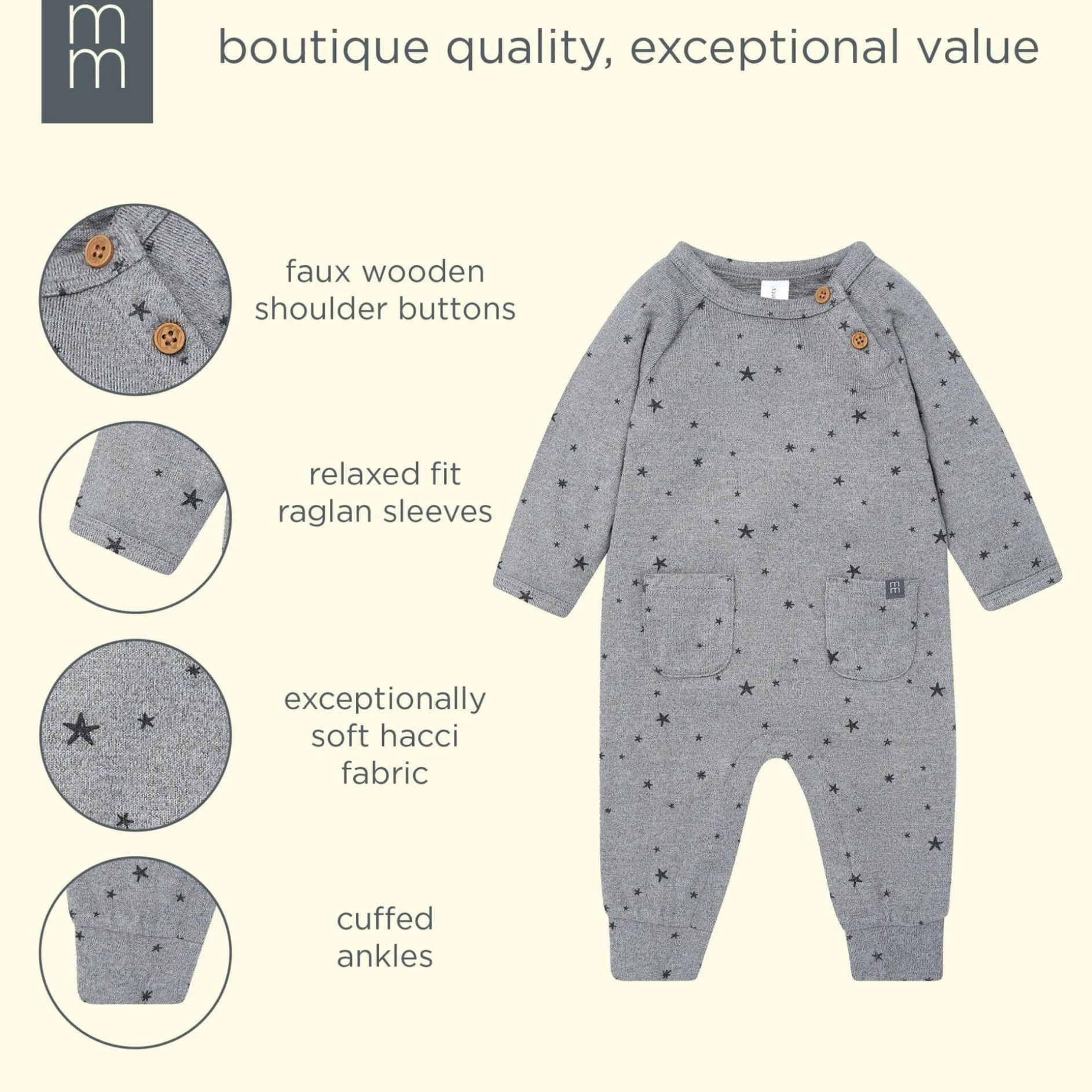 Baby Boys Grey Heather Stars Hacci Long Sleeve Romper