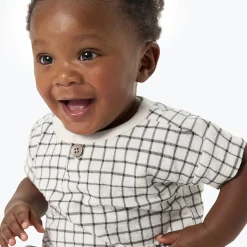 Baby Boys Grey Plaid Henley Drop Shoulder Top