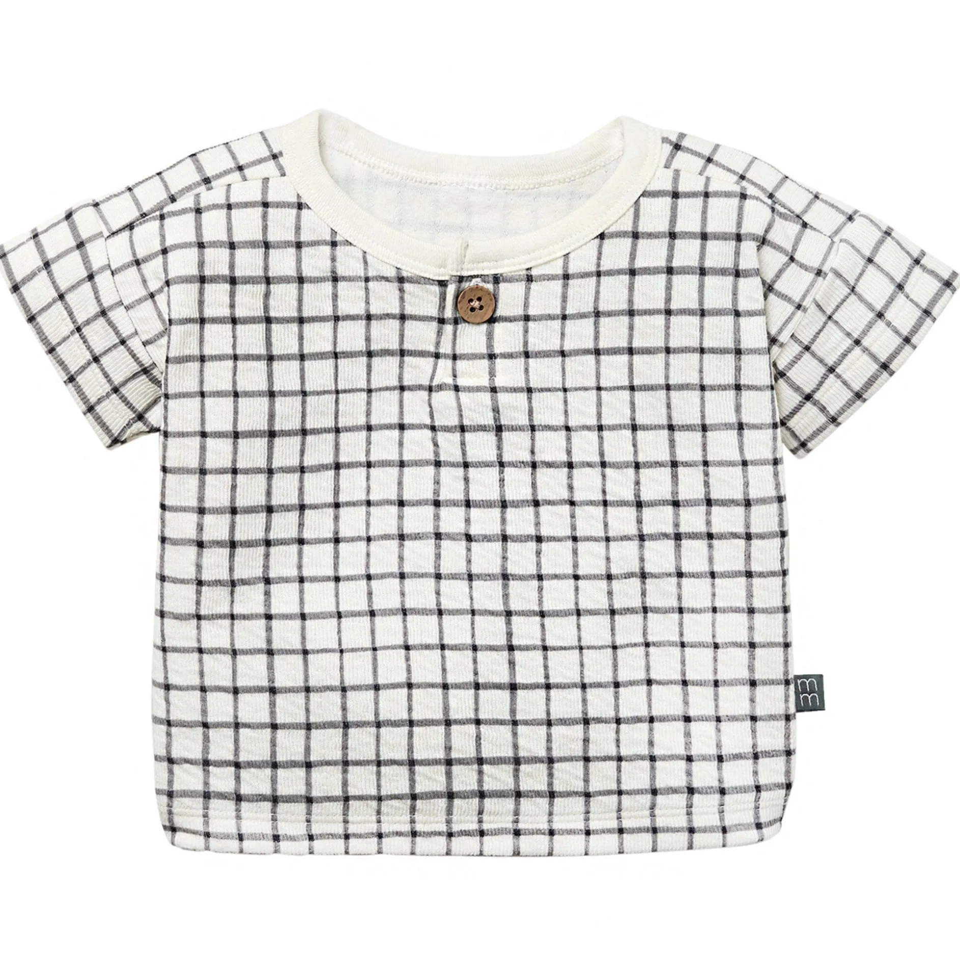 Baby Boys Grey Plaid Henley Drop Shoulder Top