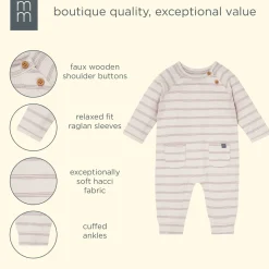 Baby Boys Oatmeal Heather Stripe Hacci Long Sleeve Romper