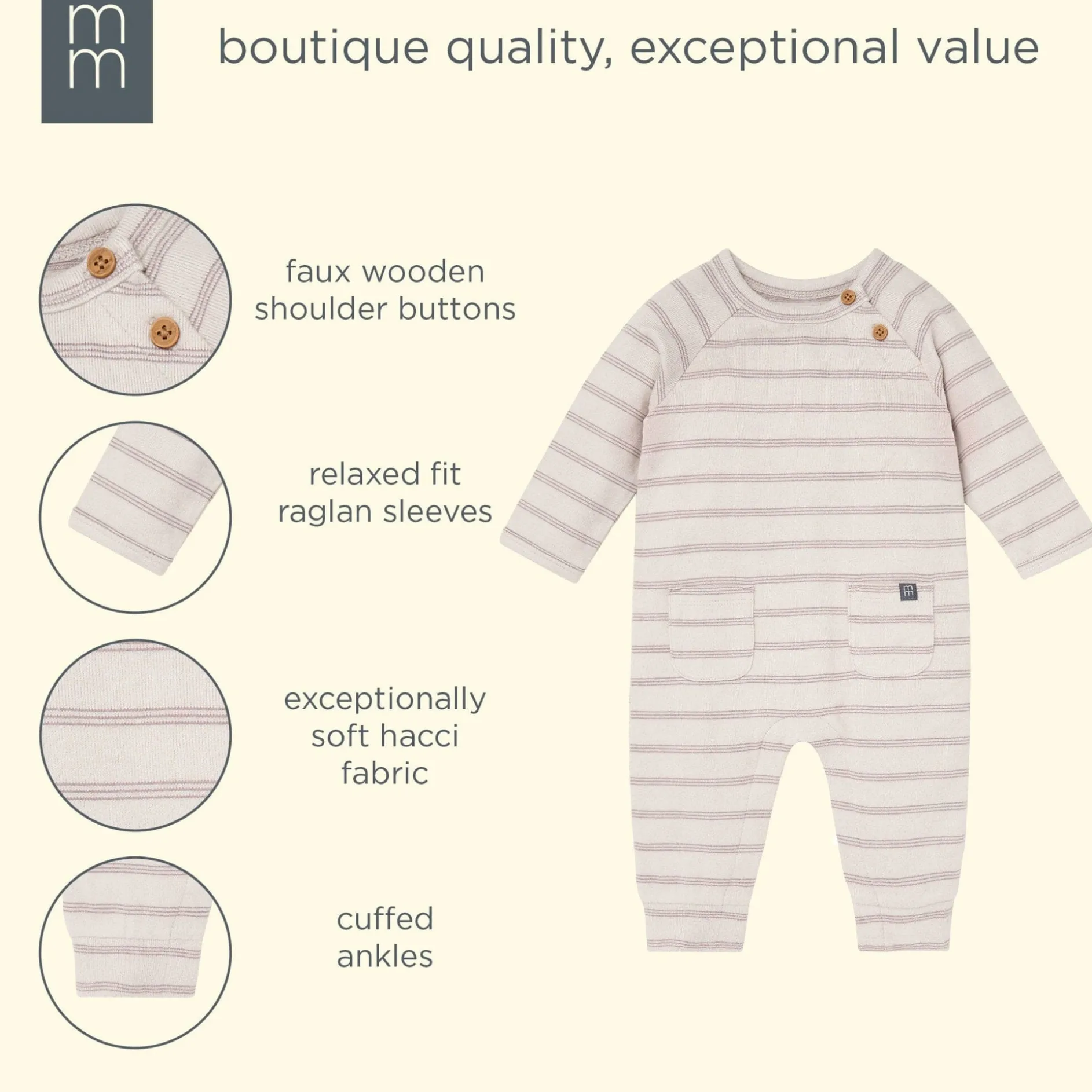 Baby Boys Oatmeal Heather Stripe Hacci Long Sleeve Romper