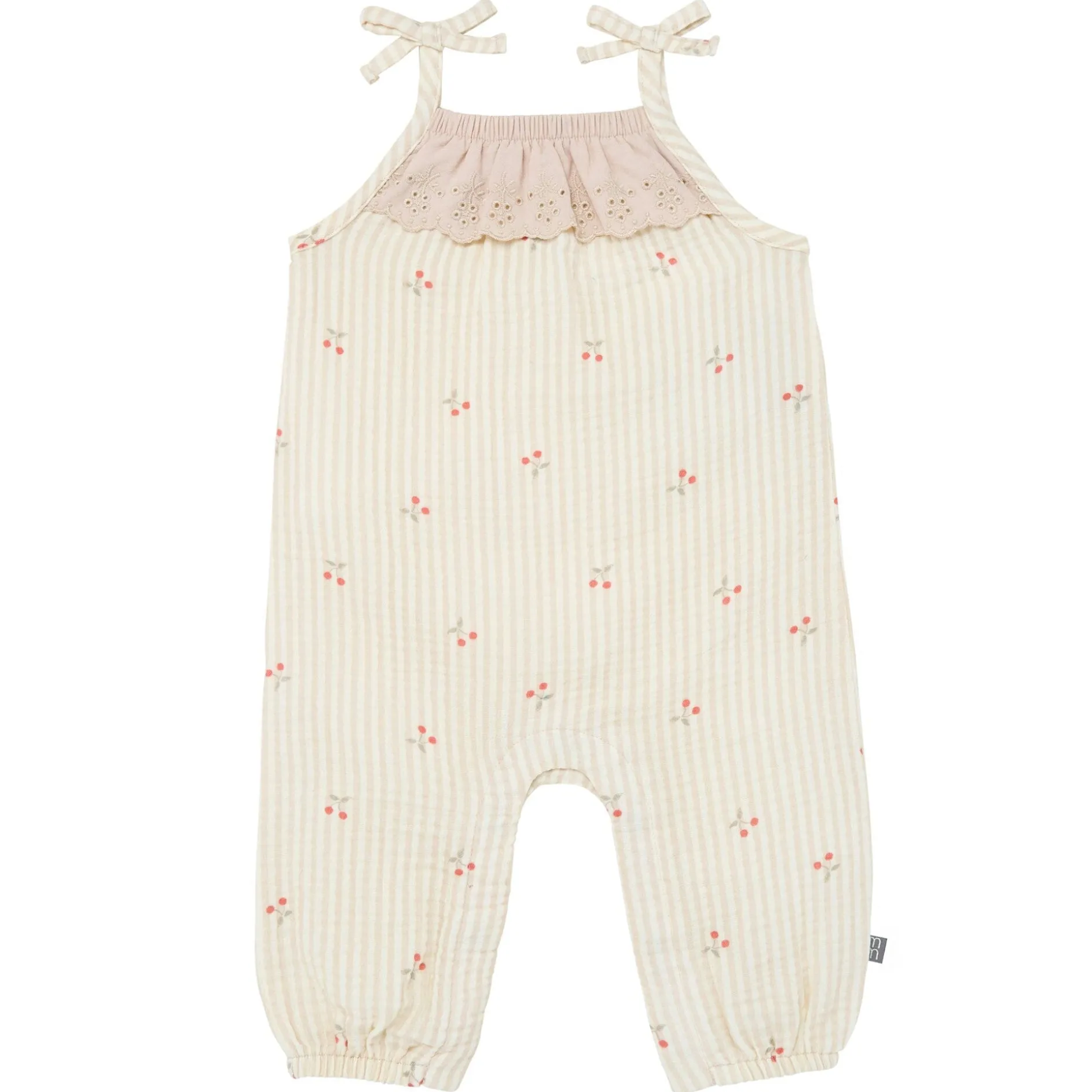 Baby Girls Beige Cherry Stripe Sleeveless Ruffle Romper