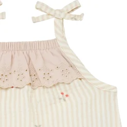 Baby Girls Beige Cherry Stripe Sleeveless Ruffle Romper