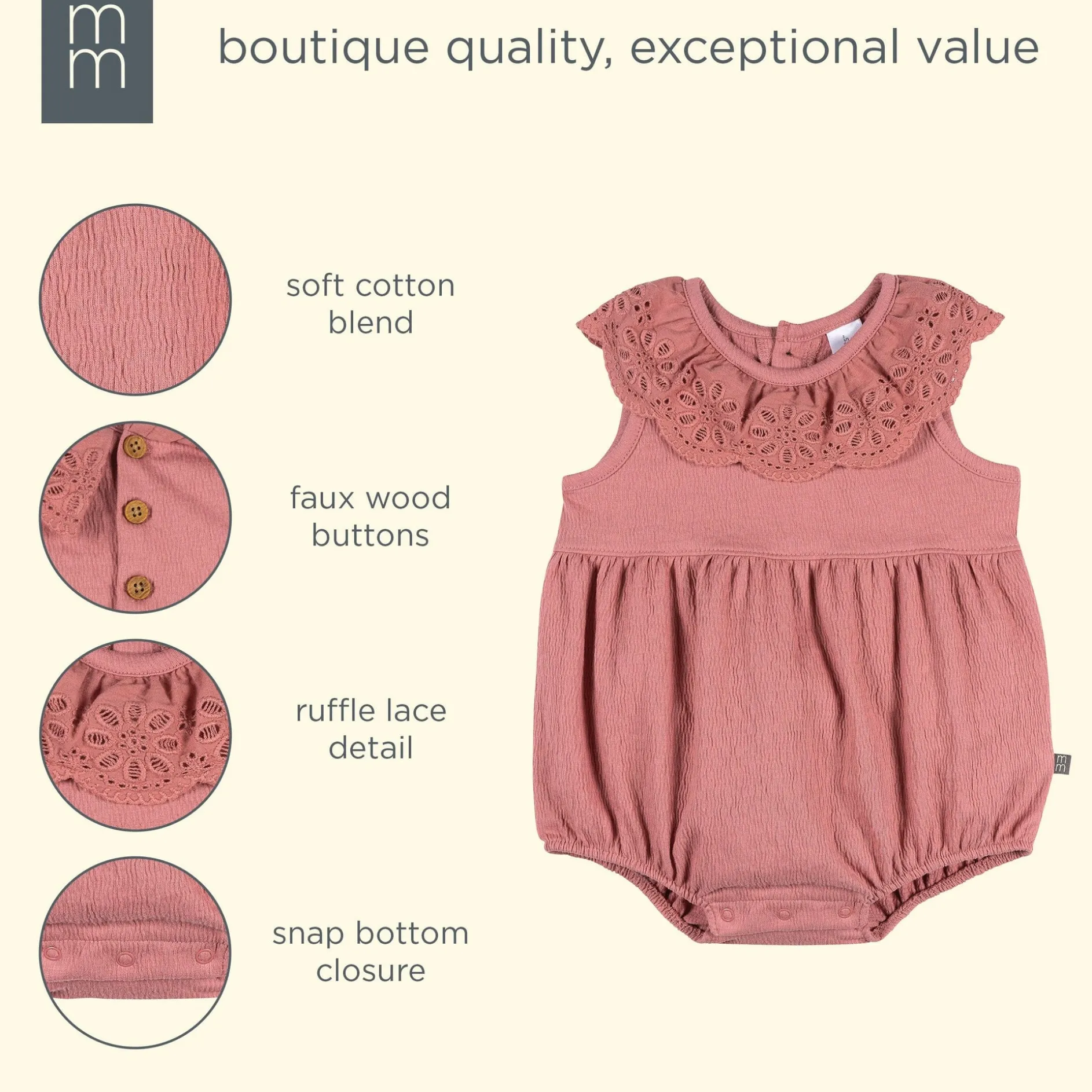 Baby Girls Dusty Rose Lace Ruffle Bubble Romper