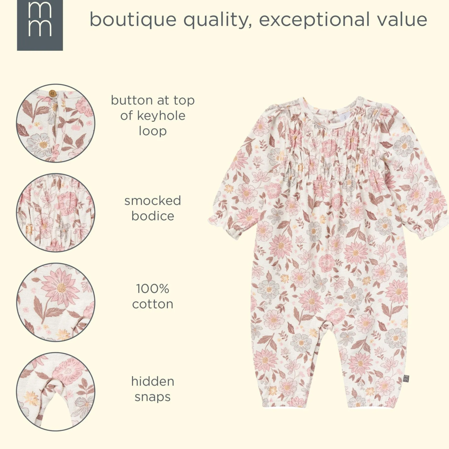 Baby Girls Flower Blossoms Smocked Long Leg Romper