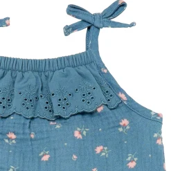Baby Girls Teal Aster Flower Sleeveless Ruffle Romper