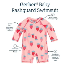 Baby Girls UPF 50+ Pink Strawberry Long Sleeve Rash Guard
