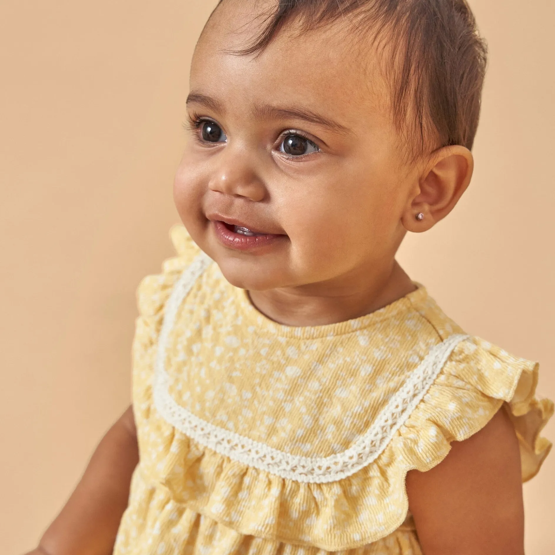 Baby Girls Yellow Vine Flower Ruffle Bubble Romper
