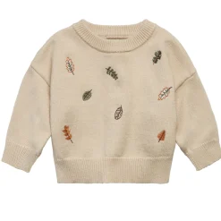 Baby Neutral Light Beige Embroidered Leaves Viscose Sweater