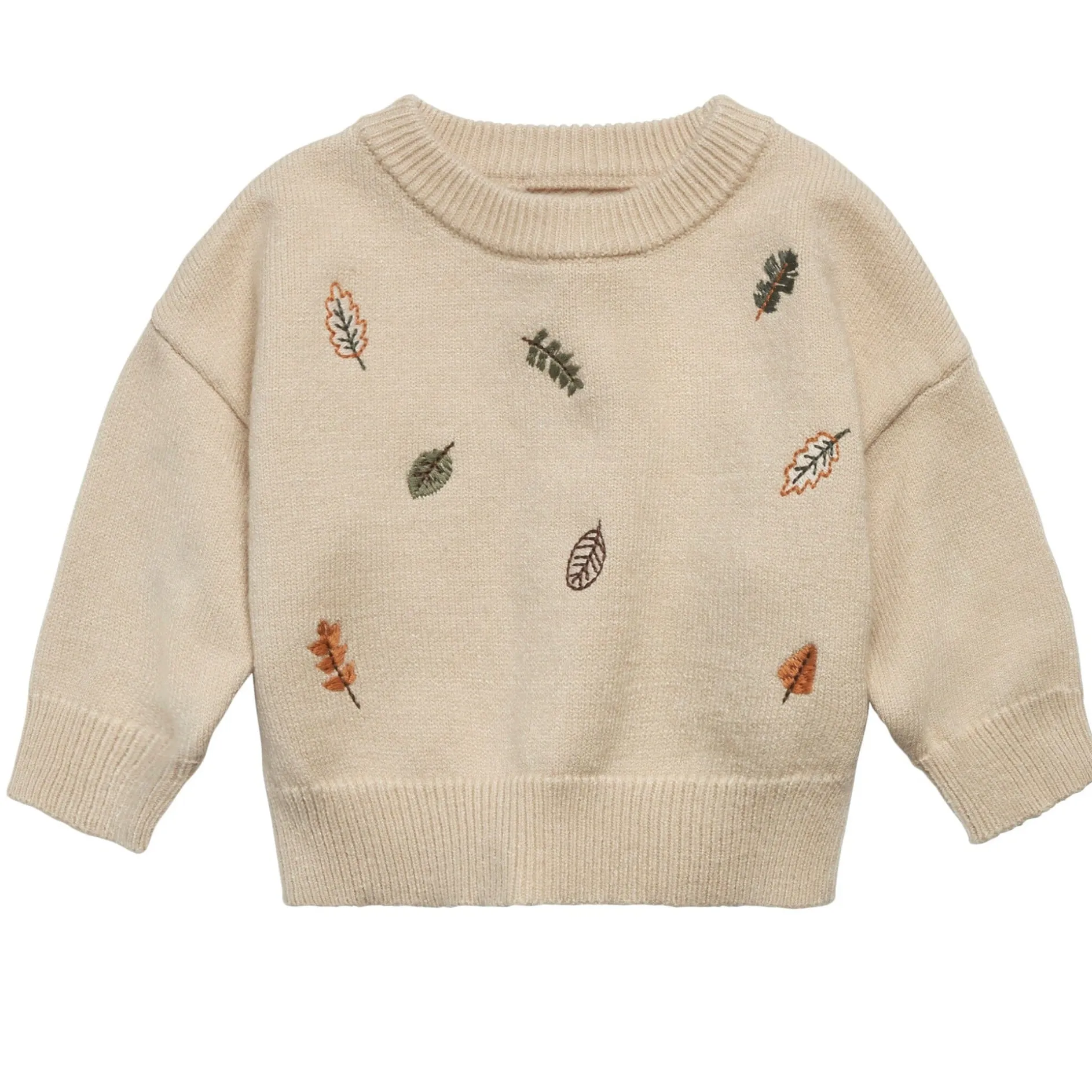 Baby Neutral Light Beige Embroidered Leaves Viscose Sweater