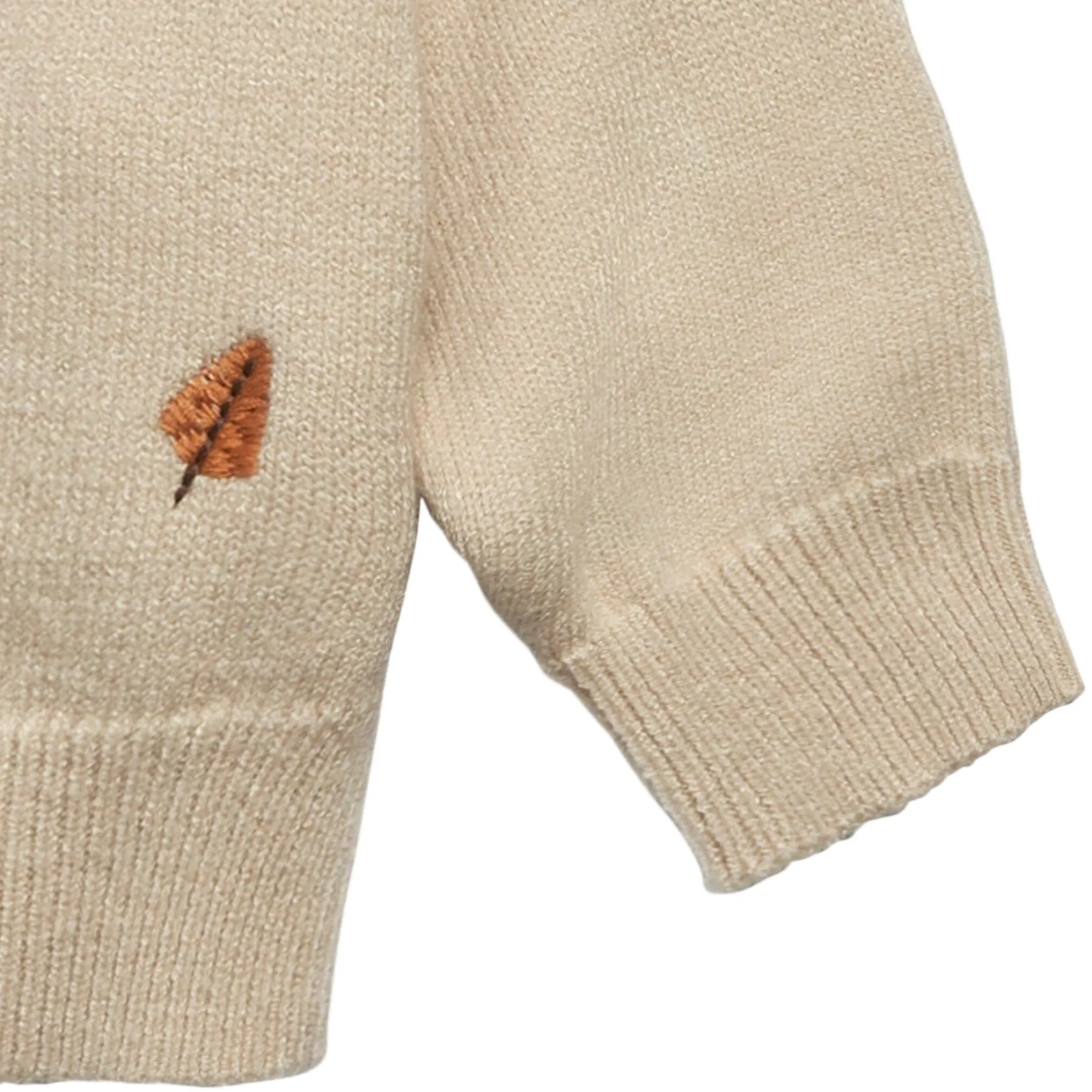 Baby Neutral Light Beige Embroidered Leaves Viscose Sweater
