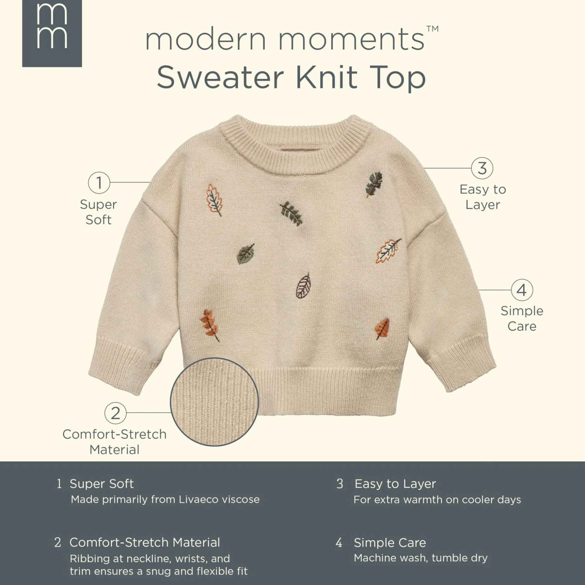 Baby Neutral Light Beige Embroidered Leaves Viscose Sweater