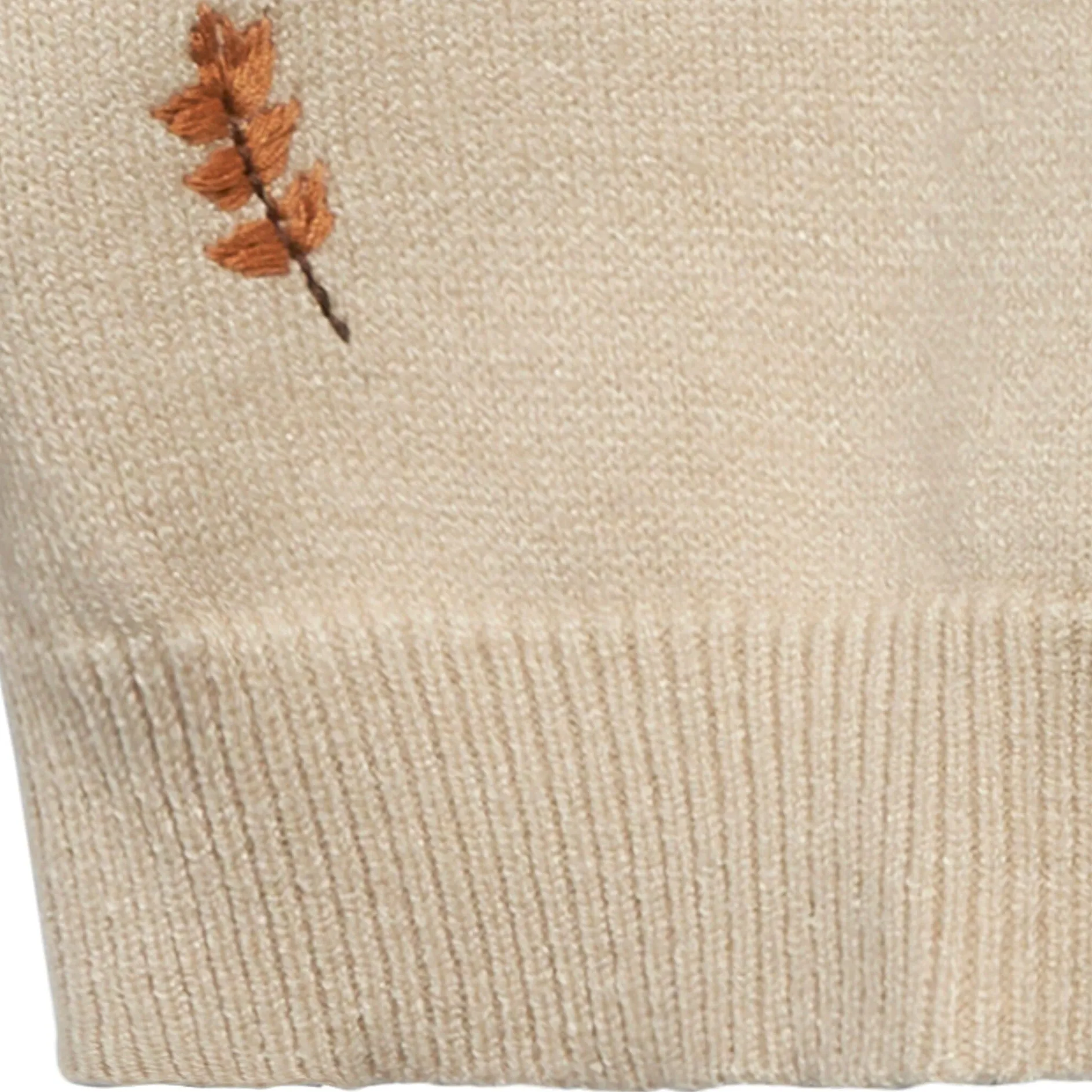Baby Neutral Light Beige Embroidered Leaves Viscose Sweater