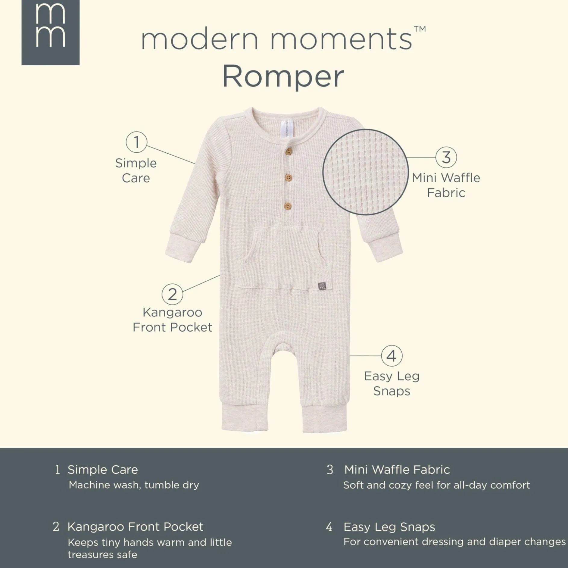 Baby Neutral Oatmeal Heather Kangaroo Pocket Waffle Romper