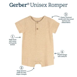 Baby Neutral Oatmeal Heather Short Sleeve Henley Romper