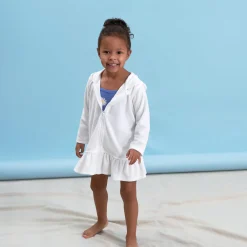 Embroidered Baby & Toddler Girls White Hooded Zip Front Terry Swim Coverup