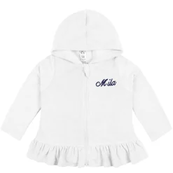 Embroidered Baby & Toddler Girls White Hooded Zip Front Terry Swim Coverup