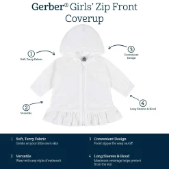 Embroidered Baby & Toddler Girls White Hooded Zip Front Terry Swim Coverup