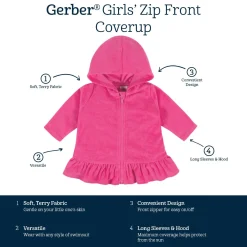 Embroidered Baby & Toddler Girls Pink Hooded Zip Front Terry Swim Coverup