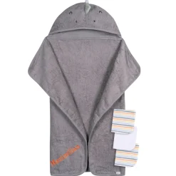 Embroidered 4-Piece Baby Boys Charcoal Dino Towel & Washcloths Set