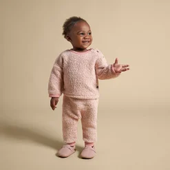 Embroidered 2-Piece Baby Girls Light Pink Sherpa Drop Shoulder Top & Pants