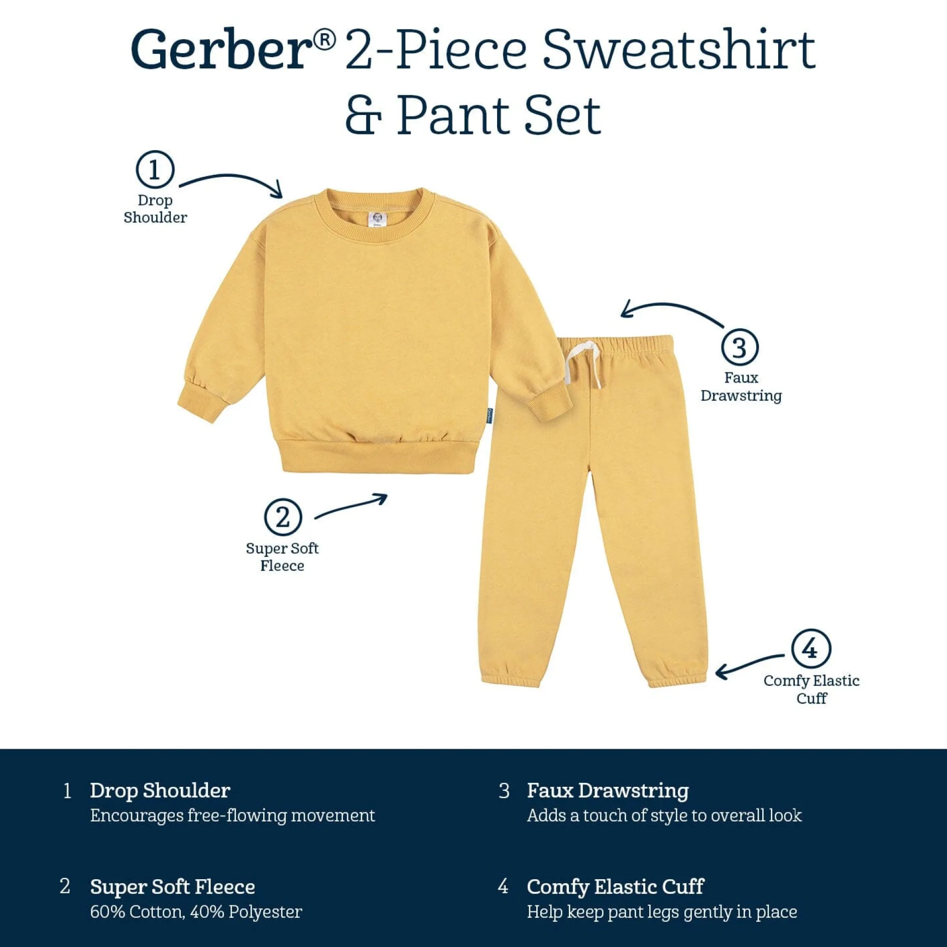 Embroidered 2-Piece Infant & Toddler Neutral Yellow Sweatshirt & Pant Set