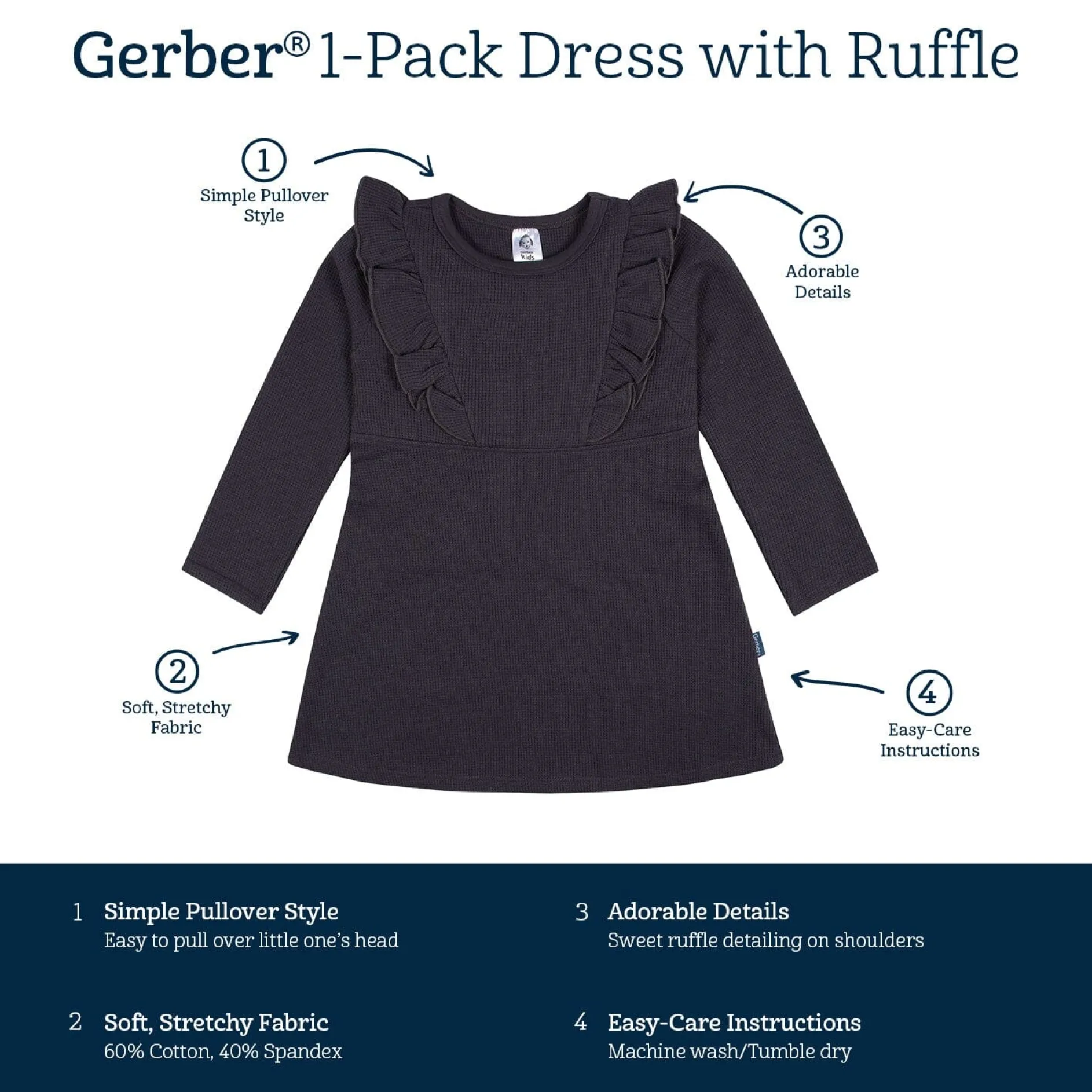 Infant and Toddler Girls Charcoal Dress with Ruffle