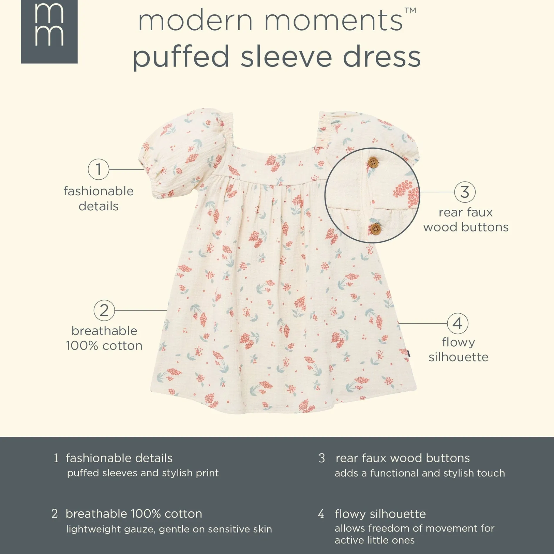 Infant & Toddler Girls Beige Tossed Lavender Puff Sleeve Dress