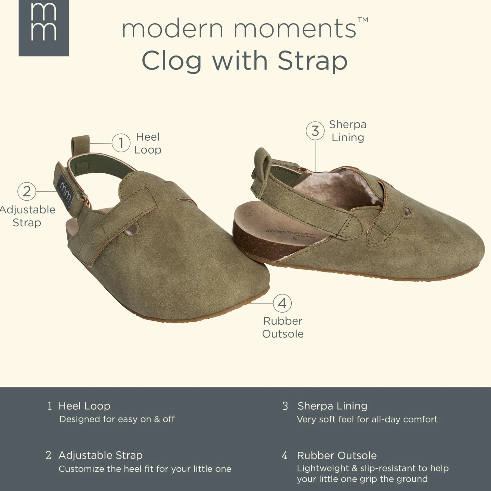 Infant & Toddler Neutral Dark Green Clog With Strap
