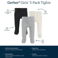 3-Pack Baby and Toddler Girls Black, Ivory, & Grey Heather Tights