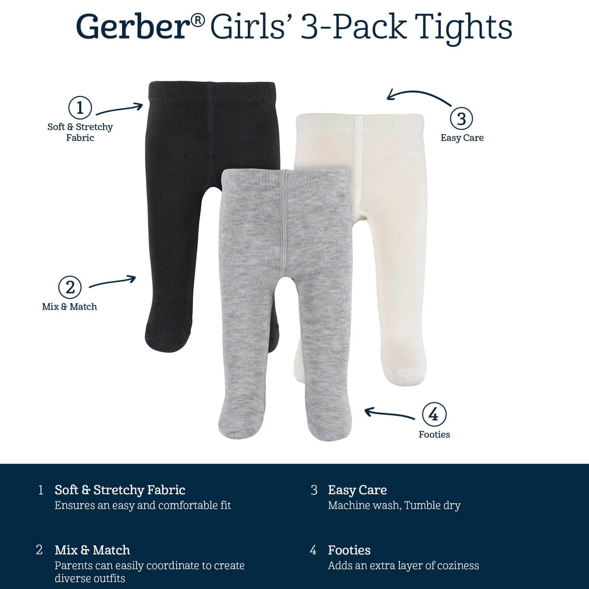 3-Pack Baby and Toddler Girls Black, Ivory, & Grey Heather Tights