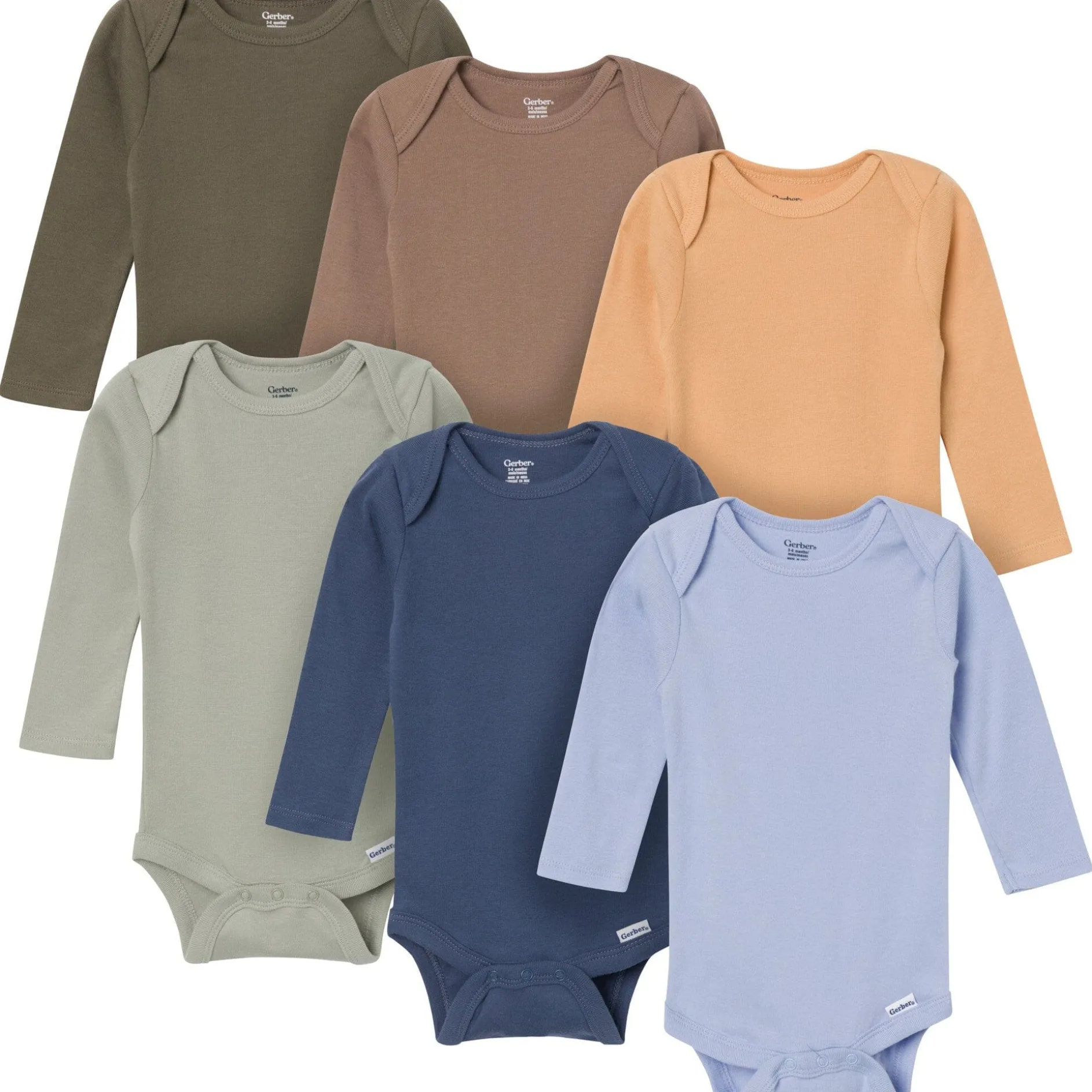6-Pack Baby Boys Blue, Green, Brown and Yellow Long Sleeve Bodysuits