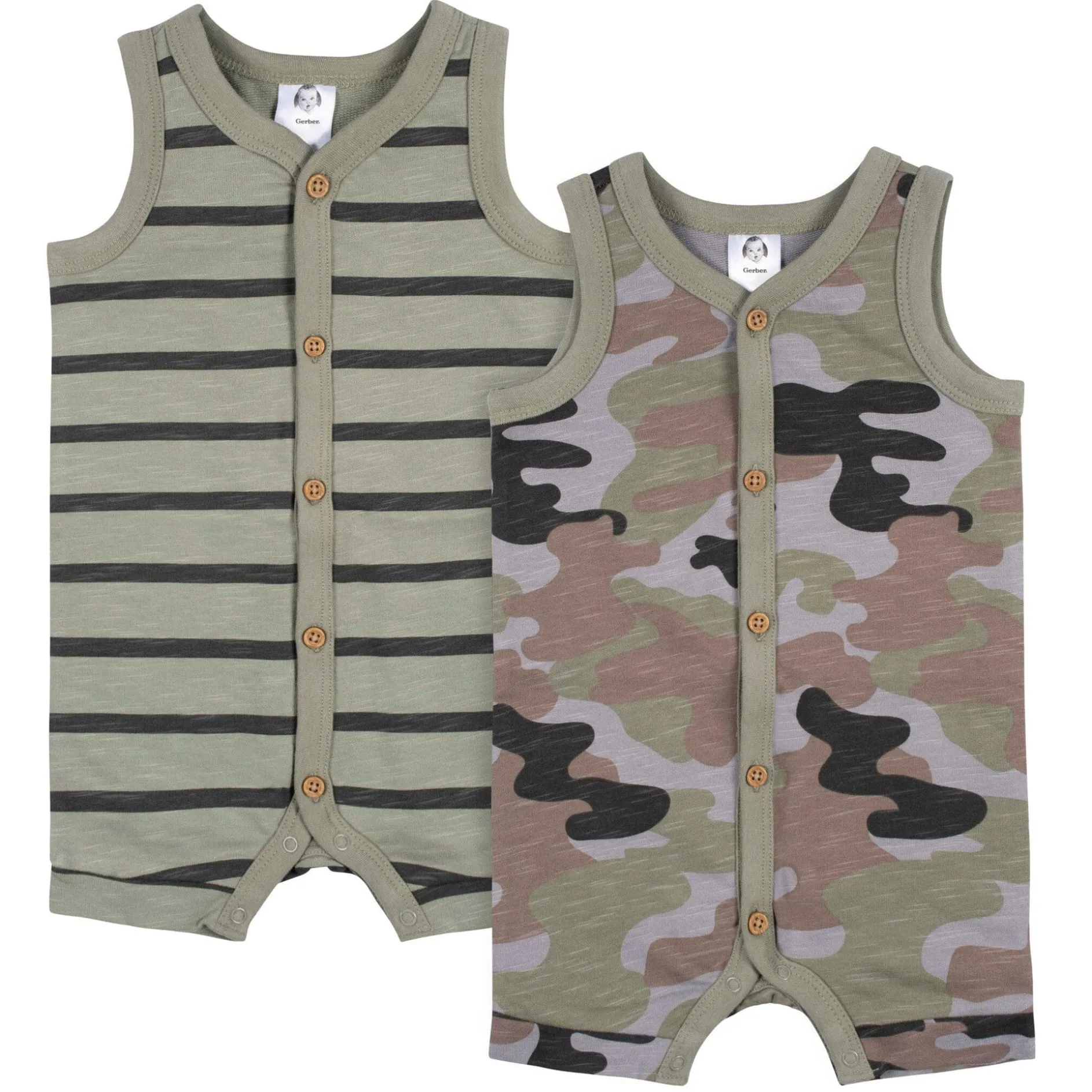 2-Pack Baby Boys Camo & Striped Short Leg Sleeveless Romper, 24M