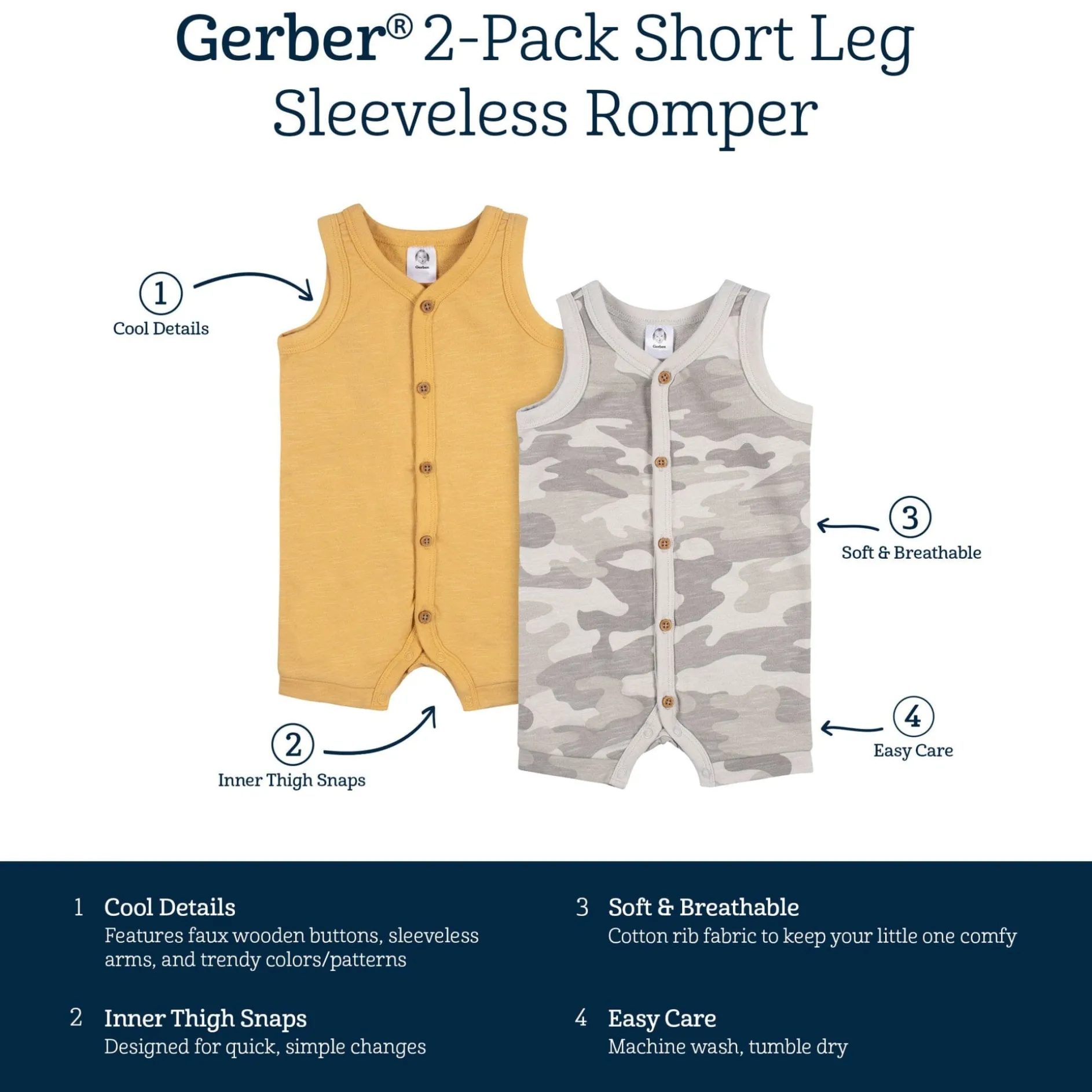 2-Pack Baby Boys Camo & Yellow Short Leg Sleeveless Romper, 0-3M