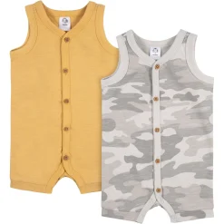 2-Pack Baby Boys Camo & Yellow Short Leg Sleeveless Romper, 0-3M