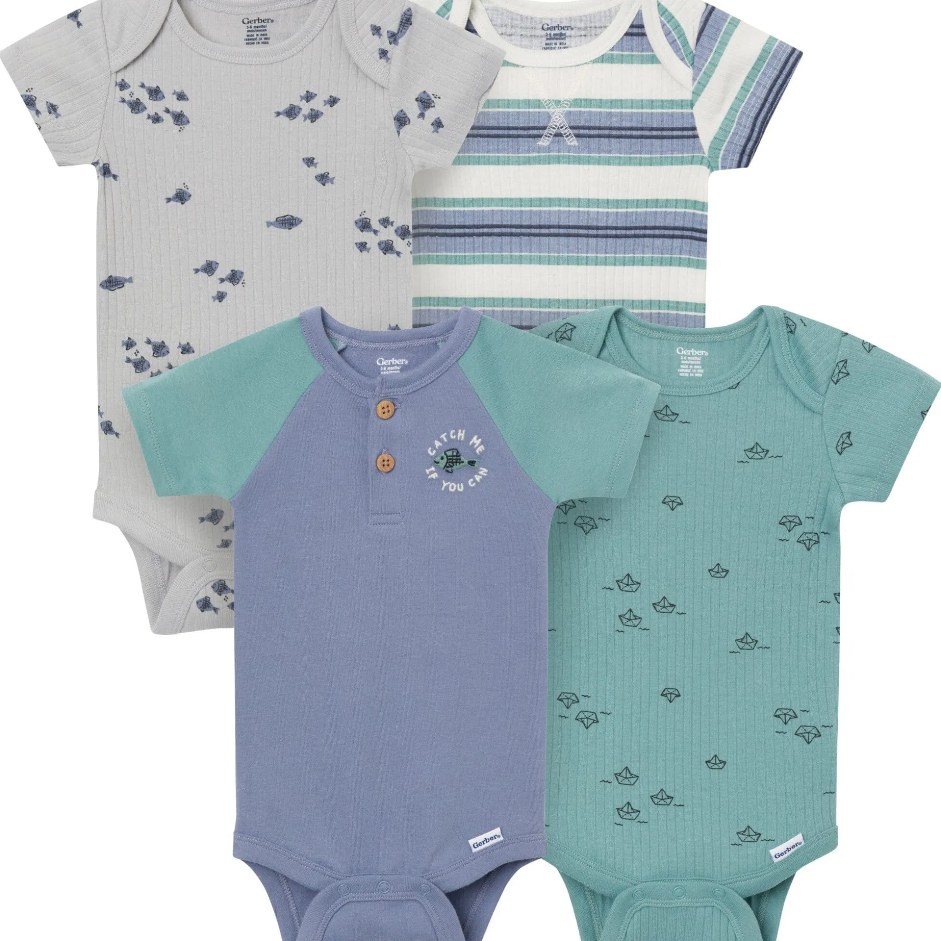4-Pack Baby Boys Catch Me Fishing Short Sleeve Bodysuits