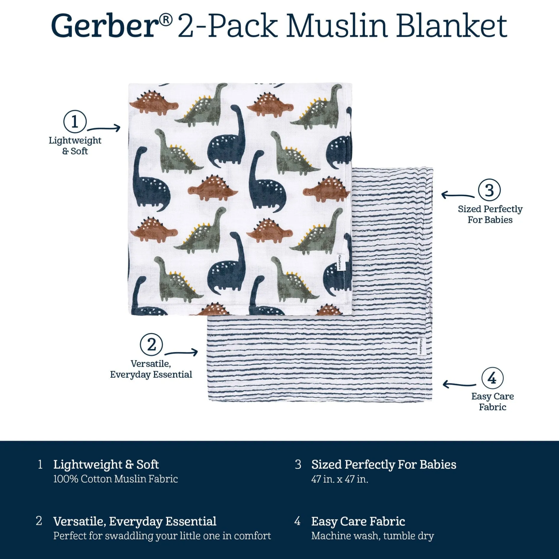 2-Pack Baby Boys Dino Time Muslin Blankets