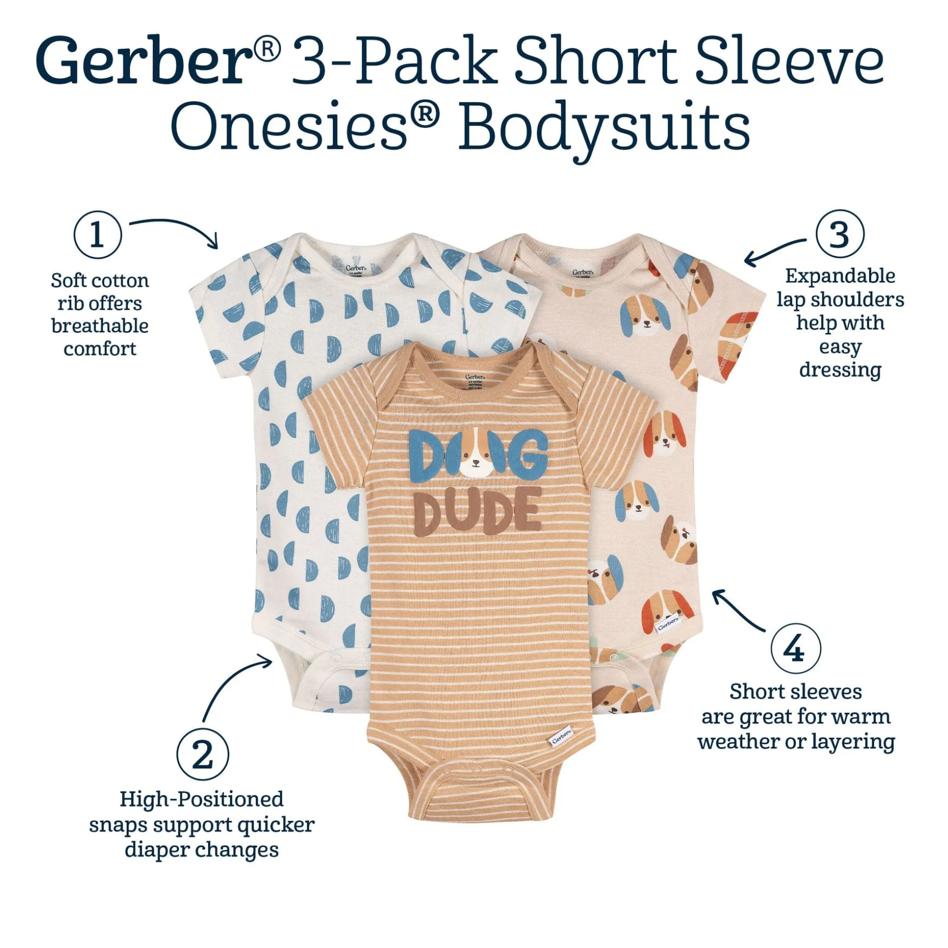 3-Pack Baby Boys Dog Dude Short Sleeve Onesies® Bodysuits