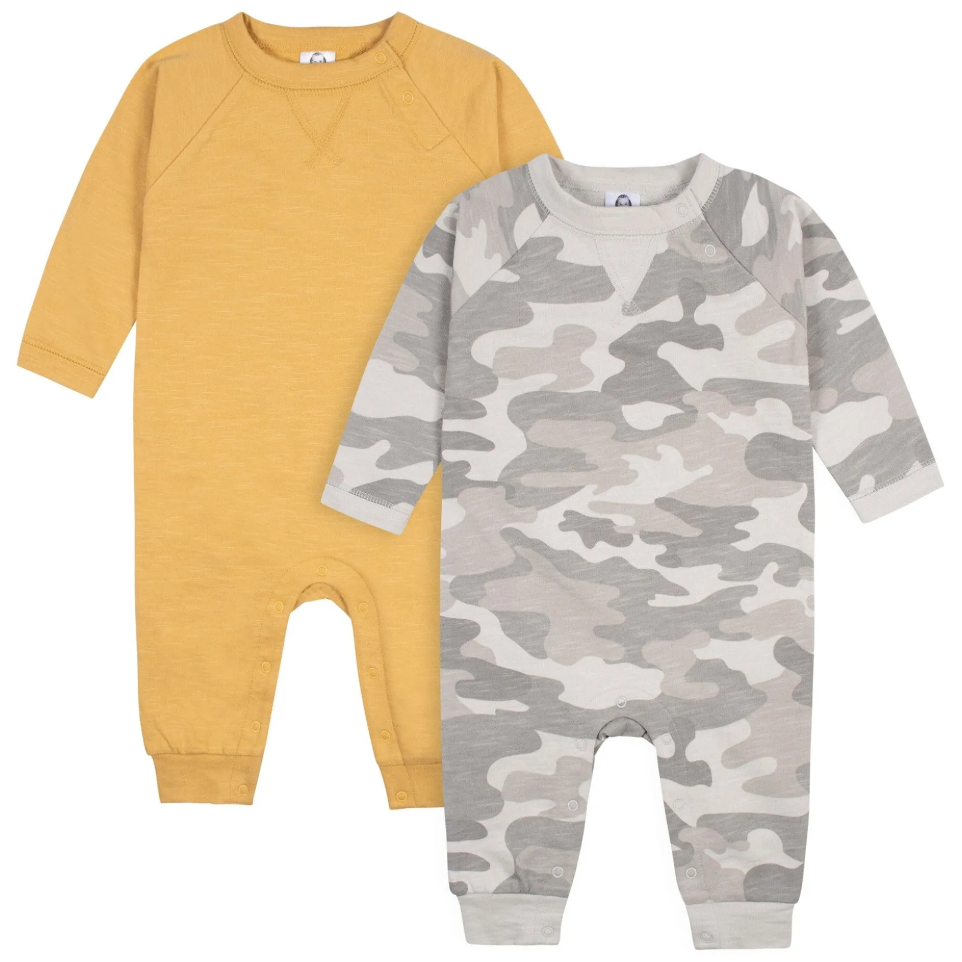 2-Pack Baby Boys Gray Camo & Yellow Raglan Sleeve Romper, 0-3M