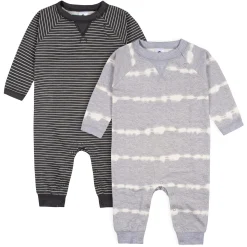 2-Pack Baby Boys Light Gray Tie Dye & Striped Raglan Sleeve Romper
