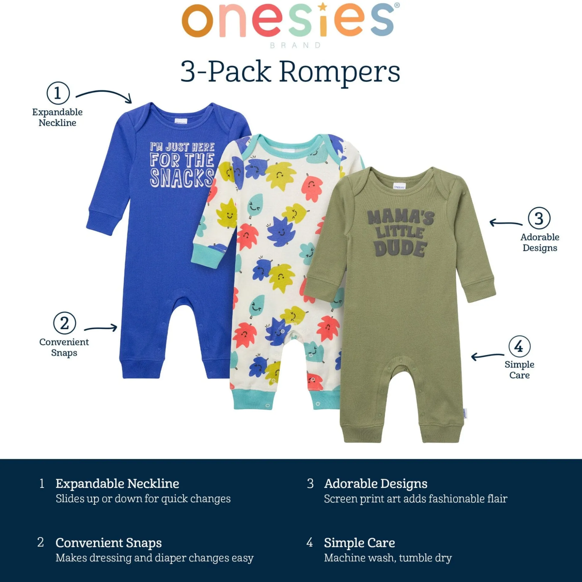 3-Pack Baby Boys Little Dude Lap Shoulder Rompers
