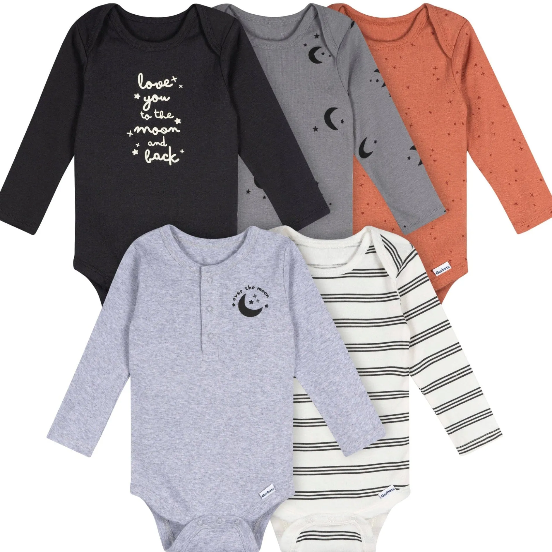 5-Pack Baby Boys Moons Long Sleeve Bodysuits