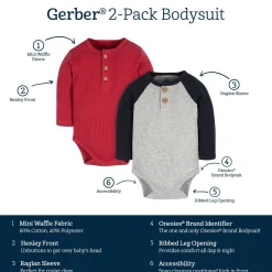 2-Pack Baby Boys Red & Heather Gray Long Sleeve Henley Onesies® Bodysuits