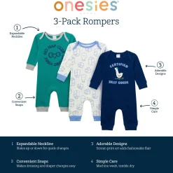 3-Pack Baby Boys Silly Goose Lap Shoulder Rompers