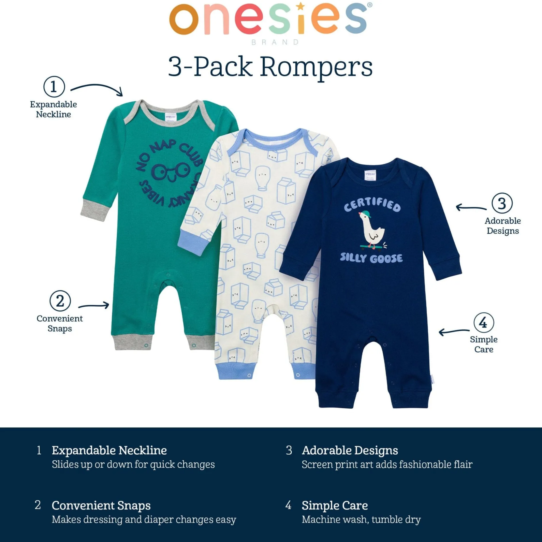 3-Pack Baby Boys Silly Goose Lap Shoulder Rompers