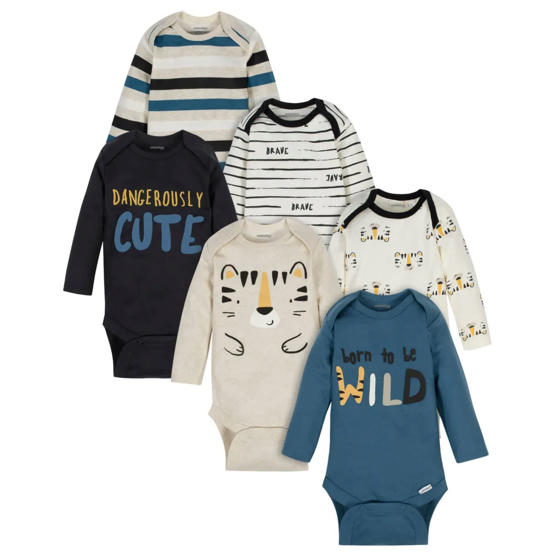 6-Pack Baby Boys Tiger Long Sleeve Onesies® Brand Bodysuits