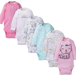 6-Pack Baby Girl Long Sleeve Kitty Onesies® Brand Bodysuits