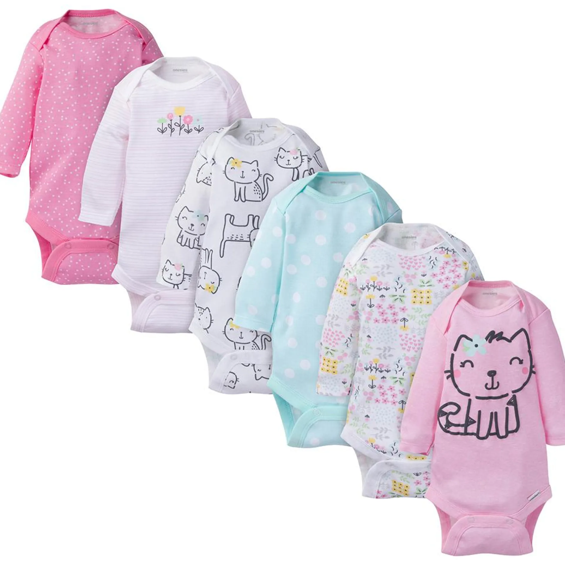 6-Pack Baby Girl Long Sleeve Kitty Onesies® Brand Bodysuits